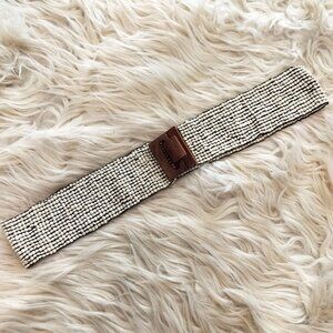 White Beaded Wood Hook Closure Stretchy High Waist Belt